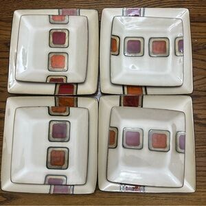 Ganz- Bella Casa Square Ceramic Dinner and Dessert Plates Set - Tan and Red